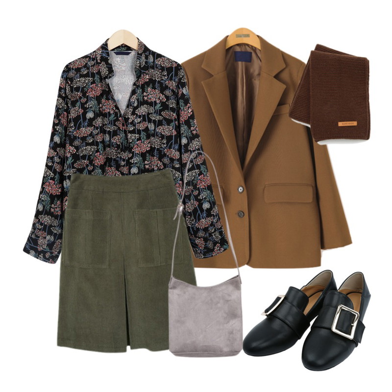 Reine 브룩 클래식 자켓,From Beginning Feminine mood flower blouse_Y (size : free),myblin 스퀘어 버클 로퍼(3color)등을 매치한 코디