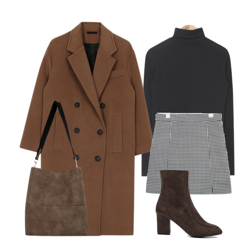AIN check slit mini skirt,AIN soft high-neck polar T (3 colors),biznshoe Oversize long coat (4color)등을 매치한 코디