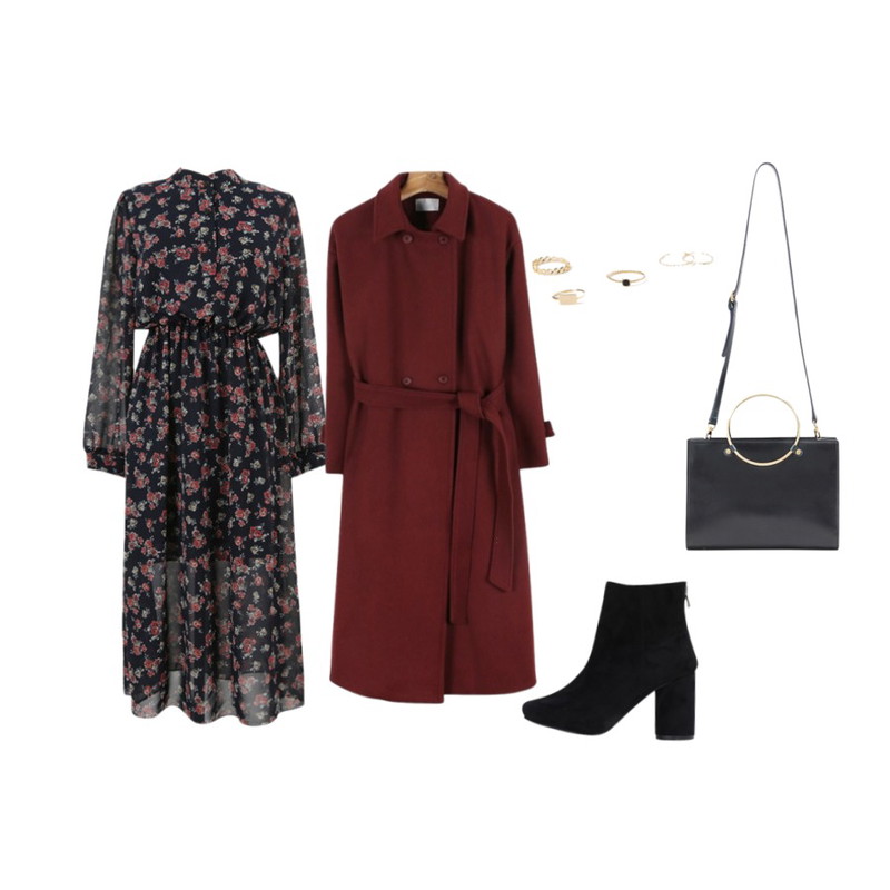 MINIBBONG 여리 쉬폰원피스  (빈티지플라워패턴 · 날씬한 핏감♥),daily monday A-line boxy coat,LOVELY SHOES 릴리 스웨이드 앵클부츠 (8cm)등을 매치한 코디