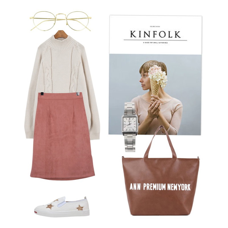 kinfolk,From Beginning Soft sweat midi skirt_Y (size : free),MINIBBONG 비바 꽈배기 니트등을 매치한 코디