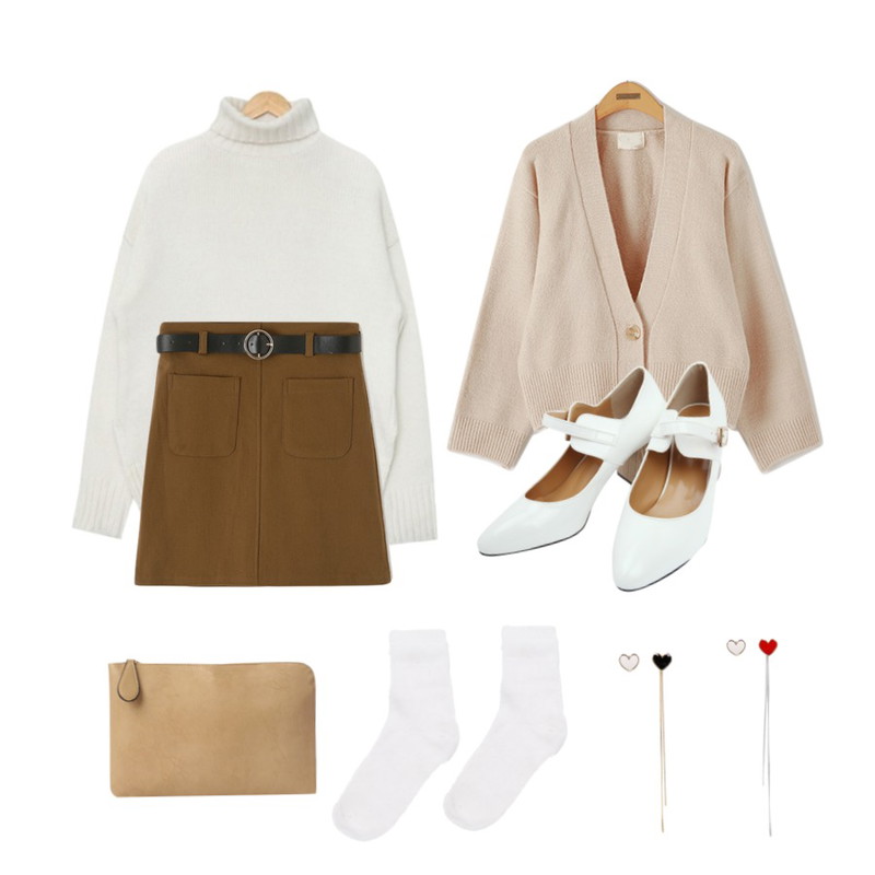 Reine 로즈메리 베이직 가디건,Reine 머피 포켓 스커트,AIN boxy fit long turtleneck knit (4 colors)등을 매치한 코디