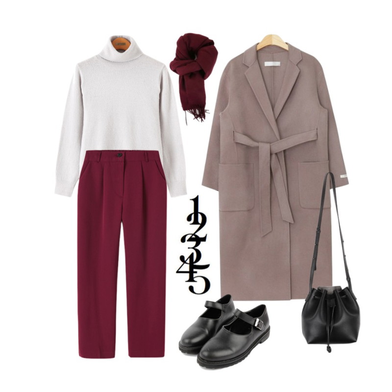 BANHALA 럽미럽미 백,AIN back hide belt handmade coat (3 colors),Reine 앤쏘 소프트닝 터틀넥 니트등을 매치한 코디