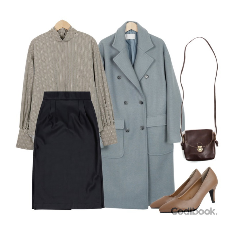 From Beginning Vintage stripe puff blouse_K(size : free),From Beginning Soft double wool coat_M (size : free),TWEE 스킨레더미디 skirt등을 매치한 코디