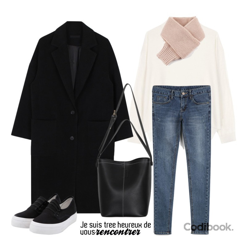 biznshoe Half neck color knit (10color),CHLO.D.MANON 스크래치 스키니,biznshoe Maxi long coat (4color)등을 매치한 코디