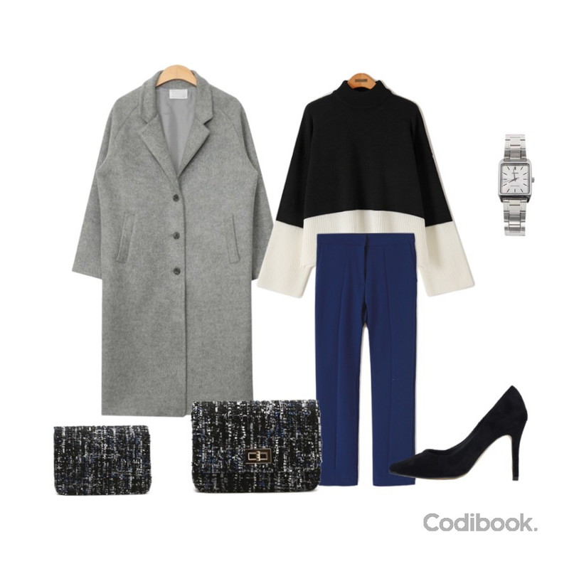 AIN simple daily wool long coat (3 colors),Reine 개츠비 베이직 슬랙스,Reine 벤더 터틀넥 니트 티등을 매치한 코디