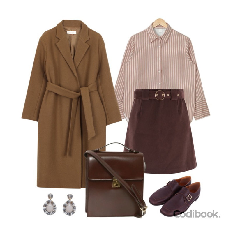 AIN soft color stripe shirts (2 colors),biznshoe Over-fit wool long coat (3color),MIXXMIX 뮤지 써클링 스커트등을 매치한 코디