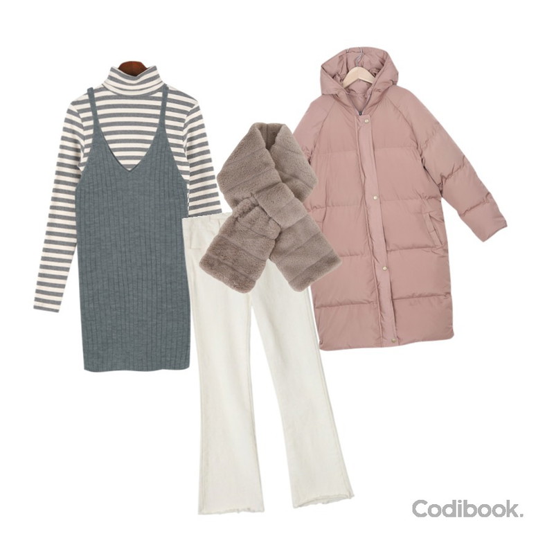 myblin 모노 골지 뷔스티에 원피스,BANHALA 차카니 티셔츠,myblin 심플 후드 패딩 (3color)등을 매치한 코디