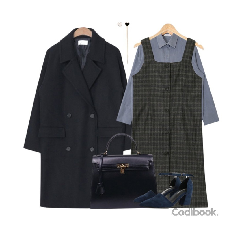 AIN basic mood boxy double coat (3 colors),AIN fitch cotton long shirts (2 colors),AIN A-line button check ops (2 colors)등을 매치한 코디