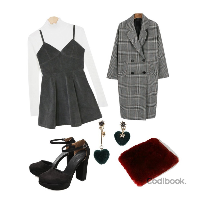 Reine 메리 블링 힐,SOMEDAYS 골덴 끈ops(2color),From Beginning Deep golgi half knit_K(size : free)등을 매치한 코디