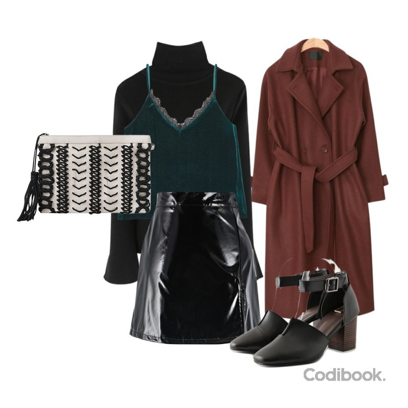 AIN maxi long strap double coat (2 colors),TWEE 자꾸 생각나 벨벳 뷔스티에,MIXXMIX 나팔 하이넥 니트등을 매치한 코디