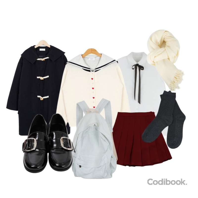 BULLANG GIRL 하트츄세라 가디건,MIXXMIX Ribbon Tie Shirt,From Beginning Tom boy duffle coat_B (size : free)등을 매치한 코디