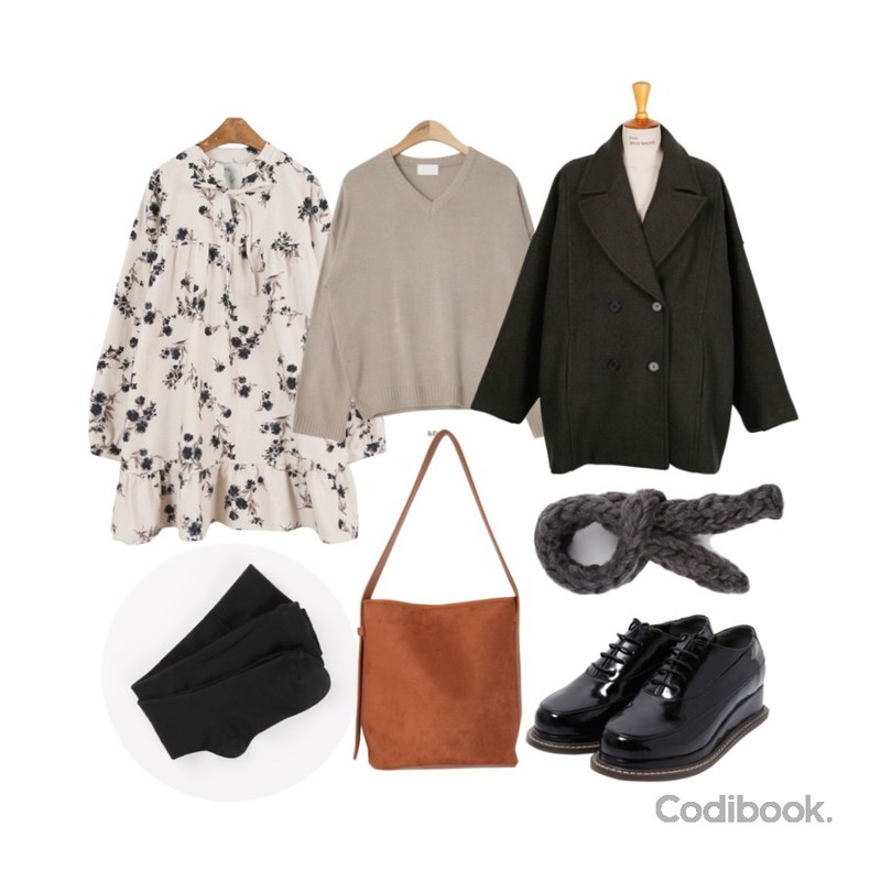 daily monday General cotton stocking[제너럴코튼스타킹,스타킹,코튼스타킹,면스타킹],AIN V-neck long sleeve knit (6 colors),MINIBBONG 목화 꽃원피스 (기모 · 러블리한 베이비돌 미니OPS)등을 매치한 코디