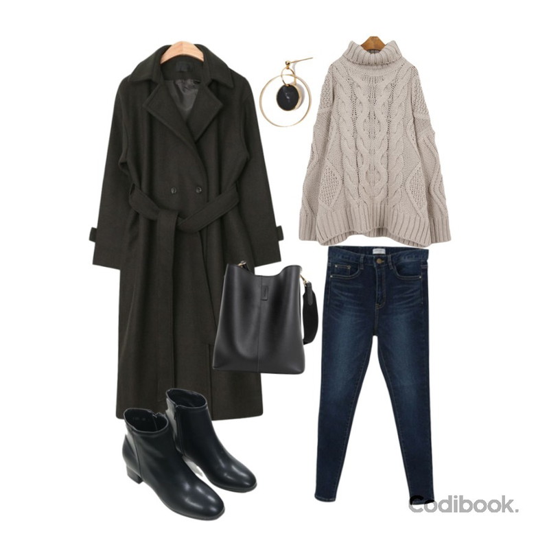 Zemma World (ZEM.made) Cheese Skinny (ver.기모딥하이),AIN maxi long strap double coat (2 colors),MINIBBONG 볼륨 꽈배기 폴라니트 (낙낙한 실루엣이 너무 예쁜 폴라니트)등을 매치한 코디