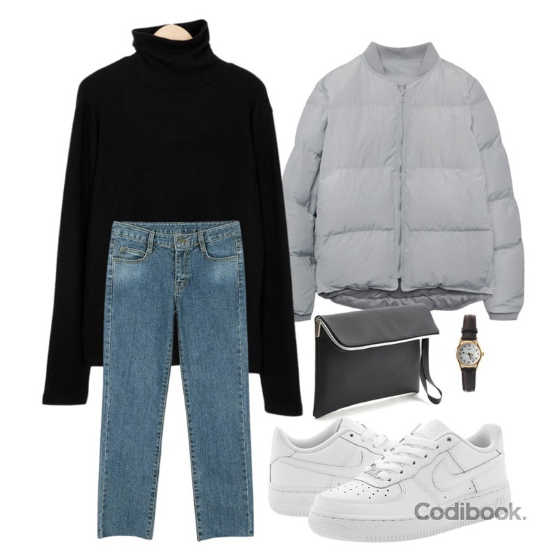 Player 나이키 에어 포스 1 로우 올백 08 GS (NIKE AIR FORCE 1 GS),From Beginning Grove loose-fit turtle T_K(size : free) ,MIXXMIX 아크 숏 패딩등을 매치한 코디