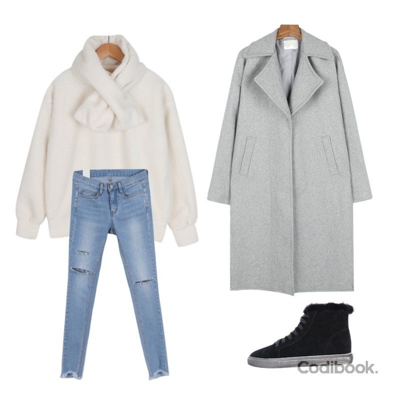 MINIBBONG 체스터-pt,daily monday Wool slit coat,BULLANG GIRL 양이후리스워머세트등을 매치한 코디