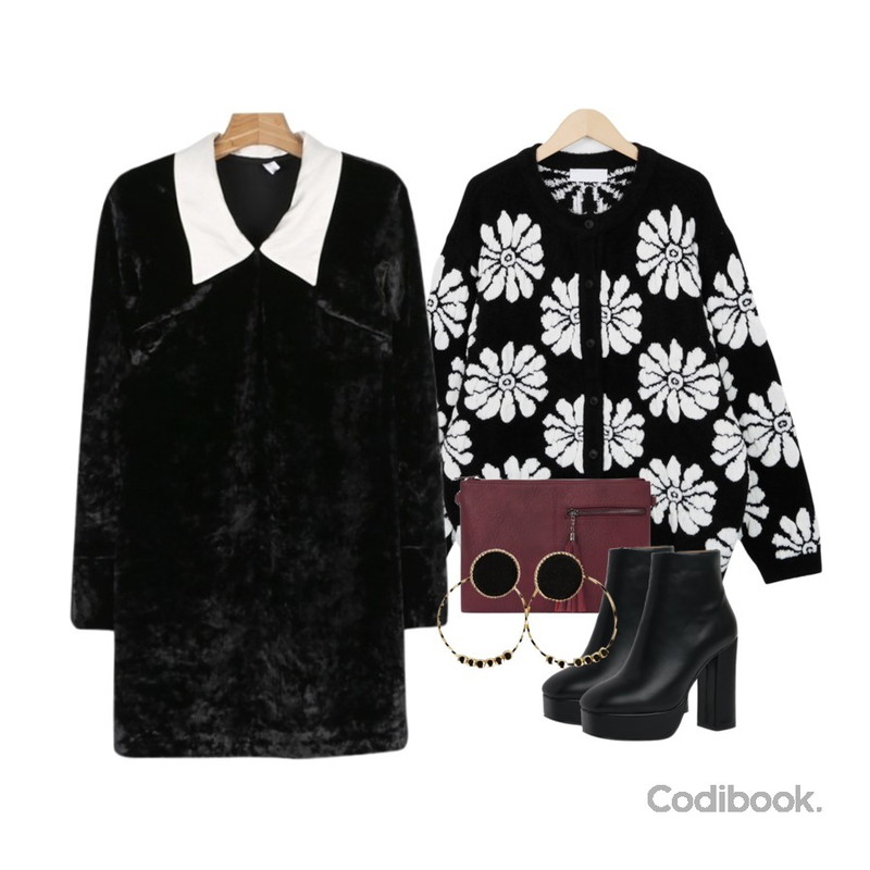 BULLANG GIRL 하프지퍼클러치(스트랩끈,크로스끈포함),From Beginning Vintage flower round cardigan_B (size : free),daily monday Velvet mini one-piece등을 매치한 코디
