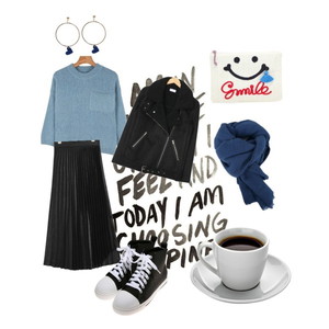 Cute,and,Chic,블랙,라이더자켓,주름치마,신발,하늘색,니트,클러치,남색,머플러,귀염룩,시크룩,데일리룩,스트릿,패션,중학생 코디