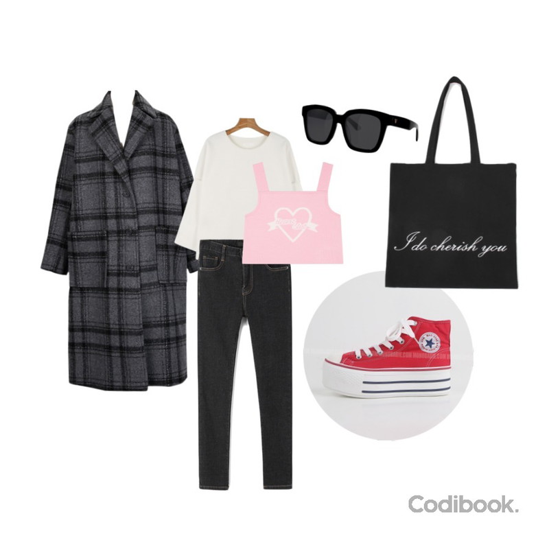 From Beginning Cloud check boy coat_Y (size : free),daily monday Warm cozy tee,Reine 페로드 데님 스키니 팬츠등을 매치한 코디