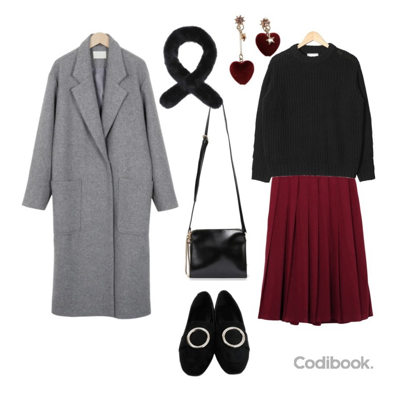 AIN zipper detail point bag (3 colors),From Beginning Main wool long coat_H (size : free),From Beginning Winter sweat pleats skirt_H (size : free)등을 매치한 코디