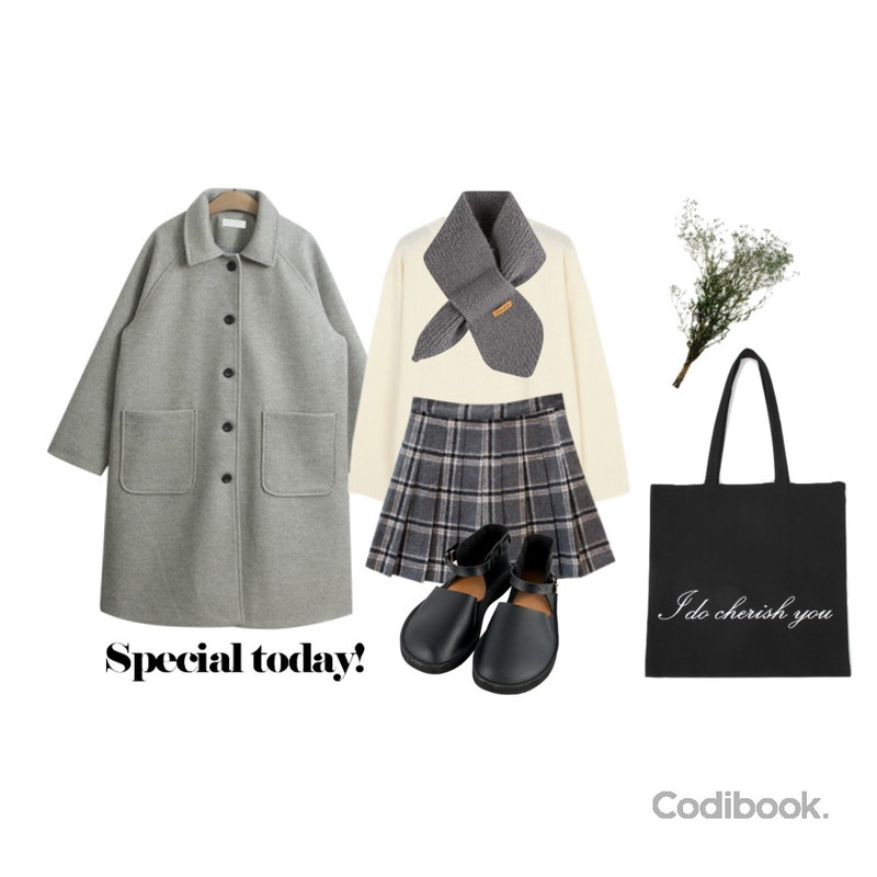 LINDA GIRLS 프레도 라운드 니트 (6color),LINDA GIRLS 다울 체크 플레어 스커트 (2color),TODAY ME 치오 롱 코트등을 매치한 코디