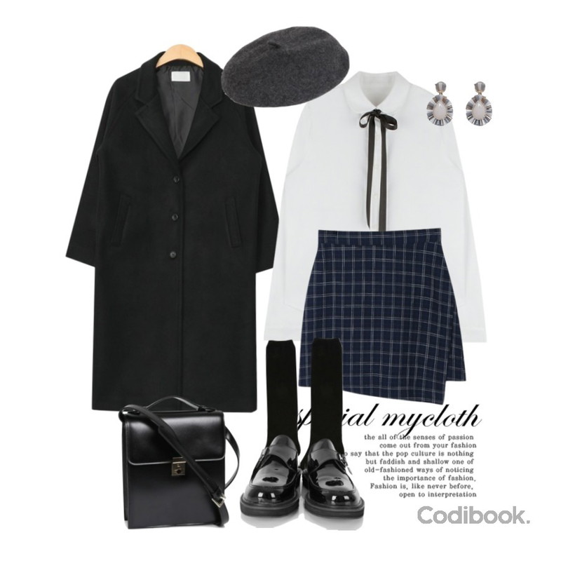 Untitled,MIXXMIX Ribbon Tie Shirt,AIN simple daily wool long coat (3 colors)등을 매치한 코디