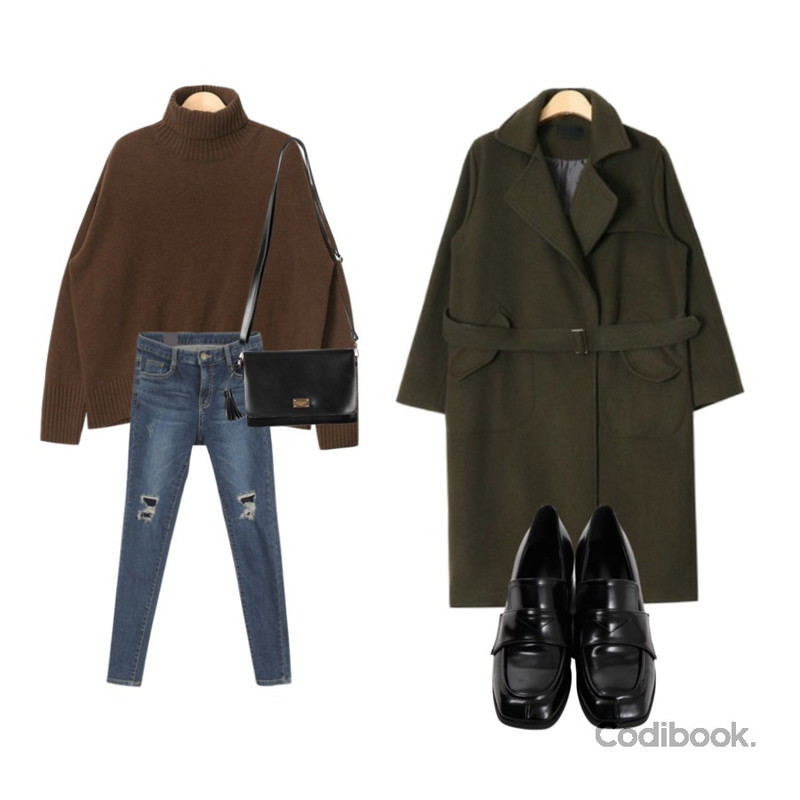 MINIBBONG 스캇 데미지 스키니,AIN colorful high pola knit (5 colors),AIN square belt strap wool coat (2 colors)등을 매치한 코디