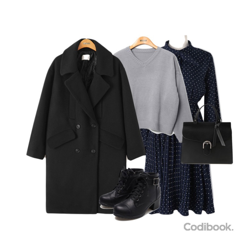 Reine Marni V-Neck Knit,Reine [3차 재입고] 니콜 울 롱 코트,Reine 에핀스 도트 플리츠 원피스등을 매치한 코디