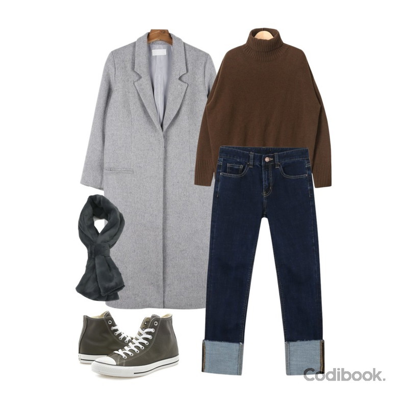 daily monday Wool one-button single coat,daily monday Slim roll-up skinny,AIN colorful high pola knit (5 colors)등을 매치한 코디