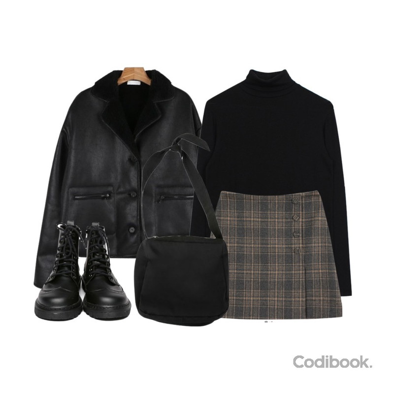 MINIBBONG 보노 체크 스커트 (포근한 기모원단 · 버튼&트임으로 포인트!),biznshoe Tencel turtle-neck tee (5color),daily monday Vintage mood mustang등을 매치한 코디