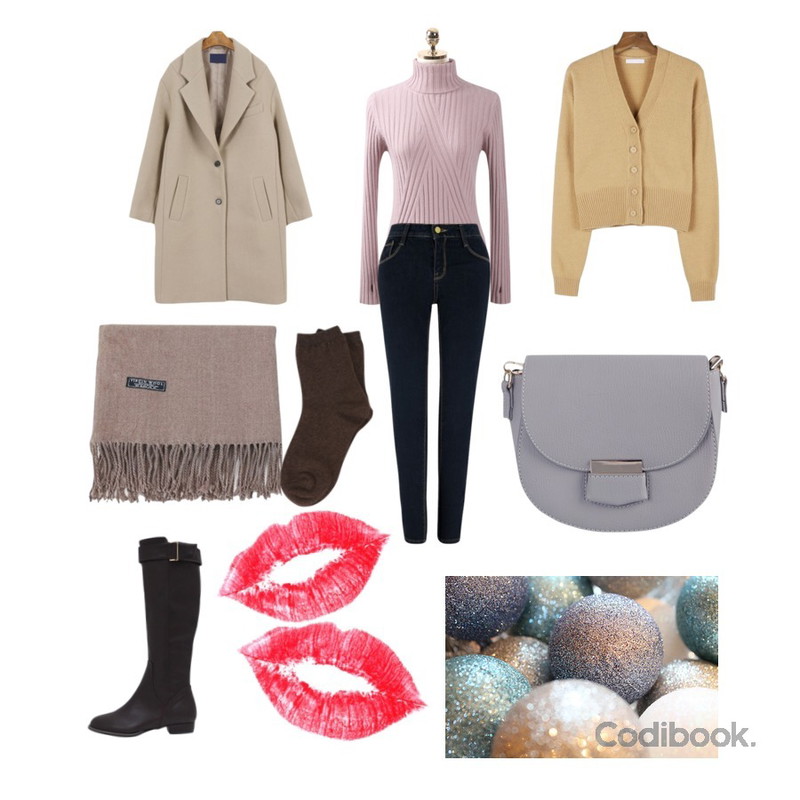 daily monday Wool v-neck color cardigan,MIXXMIX 816 라이징 기모 스키니진 ,CHLO.D.MANON 핑거 워머 폴라등을 매치한 코디