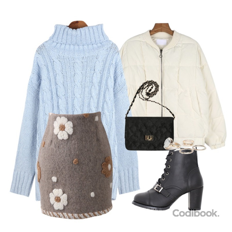 BANHALA 이브의모든것 니트,daily monday Quilting down jumper,CHLO.D.MANON 그대와 함께 스커트등을 매치한 코디