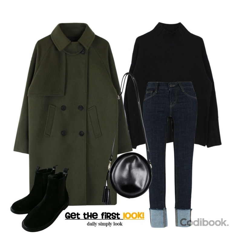 biznshoe Cape cara wool coat (3color),biznshoe Wool half neck knit (4color),MIXXMIX 9038 기모 롤업 데님팬츠등을 매치한 코디