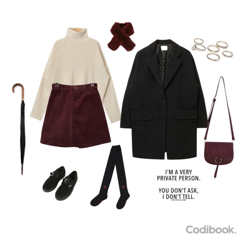 MIXXMIX Heart knee Socks (Black),From Beginning A-line corduroy mini skirt_M (size : S,M,L),AIN wide fit long sleeve polar knit (5 colors)등을 매치한 코디