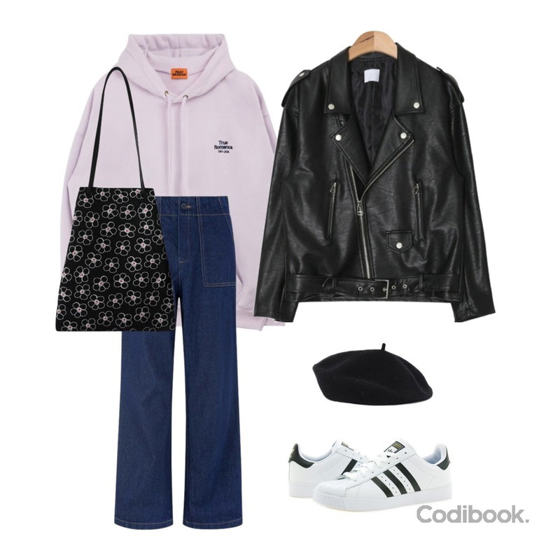 AIN basic daily rider jacket (3 colors),MIXXMIX 니프 퍼티그 데님팬츠,MIXXMIX 트루로맨스 기모 후드등을 매치한 코디