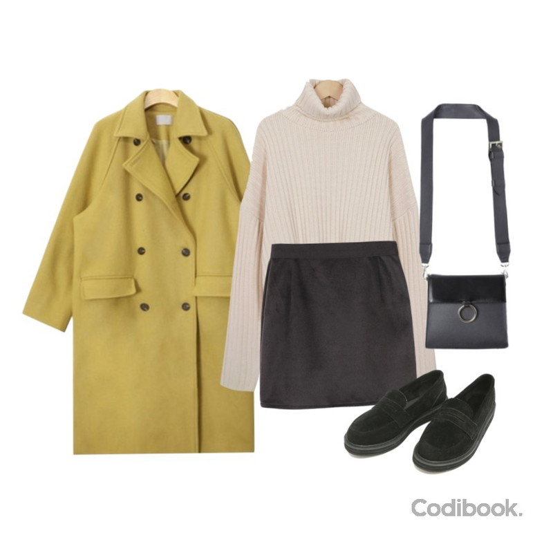 From Beginning Bulky golgi turtle knit_H (size : free),BANHALA 겨울나무 스커트,AIN soft color boxy fit double coat (3 colors)등을 매치한 코디