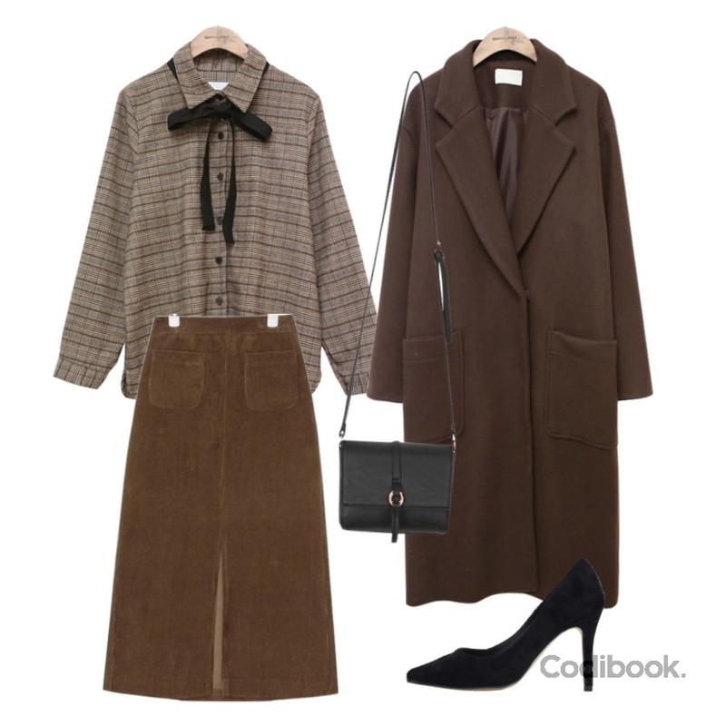 AIN deep slit corduroy long skirt (3 colors),common unique [TOP] RIBBON TIE CKECK BLOUSE ,common unique [OUTER] SHAPE WOOL LONG COAT 등을 매치한 코디