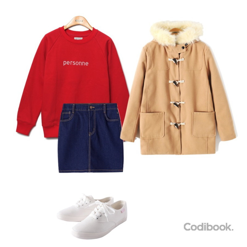 Reine Nouveau Needlepoint Sweat Shirts,Reine 헤이드 더플 퍼코트,Reine [4차 재입고] 프라우드 데님 스커트등을 매치한 코디
