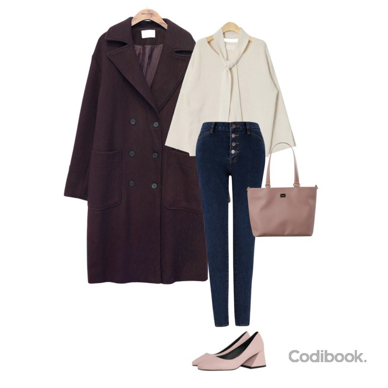 MIXXMIX 774 버튼업 기모 스키니진,AIN lovely angora V-neck knit (4 colors),common unique [OUTER] STANDARD DOUBLE WOOL COAT등을 매치한 코디