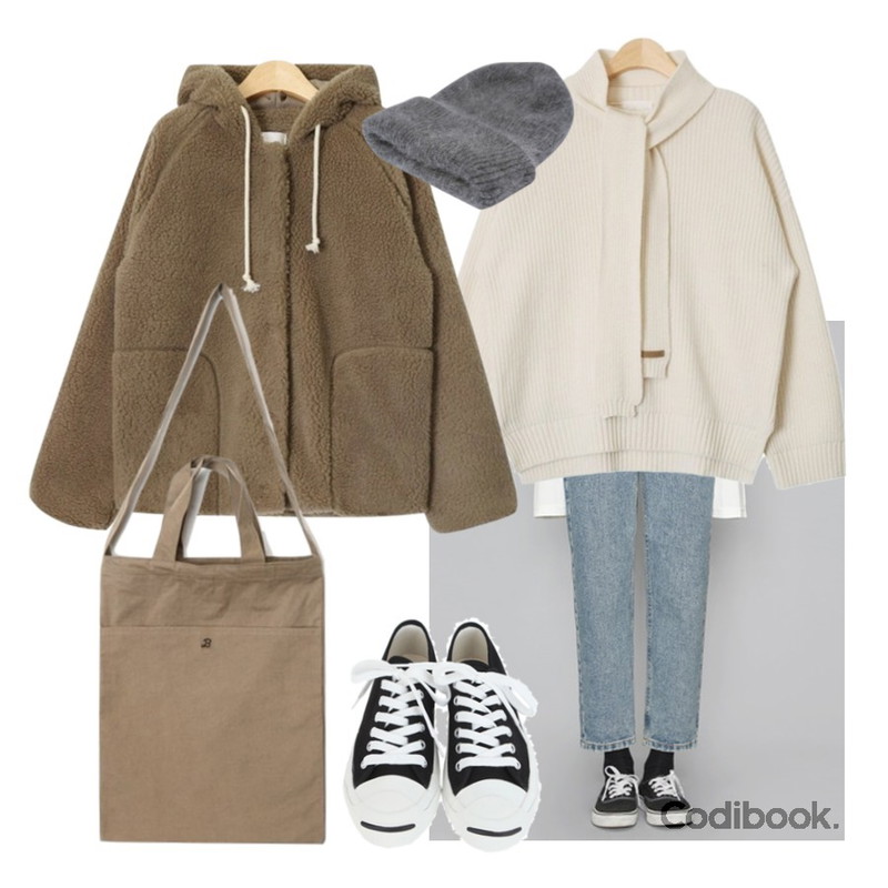 AIN casual four seasons denim pants (2 colors),AIN dumble hoody jumper (2 colors),AIN handmade muffler set knit (4 colors)등을 매치한 코디