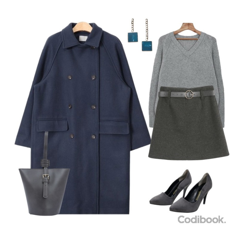 AIN soft color boxy fit double coat (3 colors),MINIBBONG 캔디 벨트스커트,Zemma World Cookie-브이넥니트 (램스울60%) 등을 매치한 코디