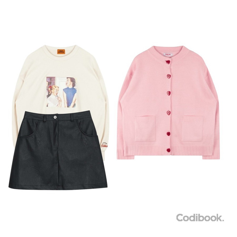 Player 아디다스 튜블라 인베이더 스트랩 블랙 W (TUBULAR INVADER STRAP W),MIXXMIX Heart Button Cardigan (Pink),MIXXMIX 시스터즈 스웨트 셔츠등을 매치한 코디
