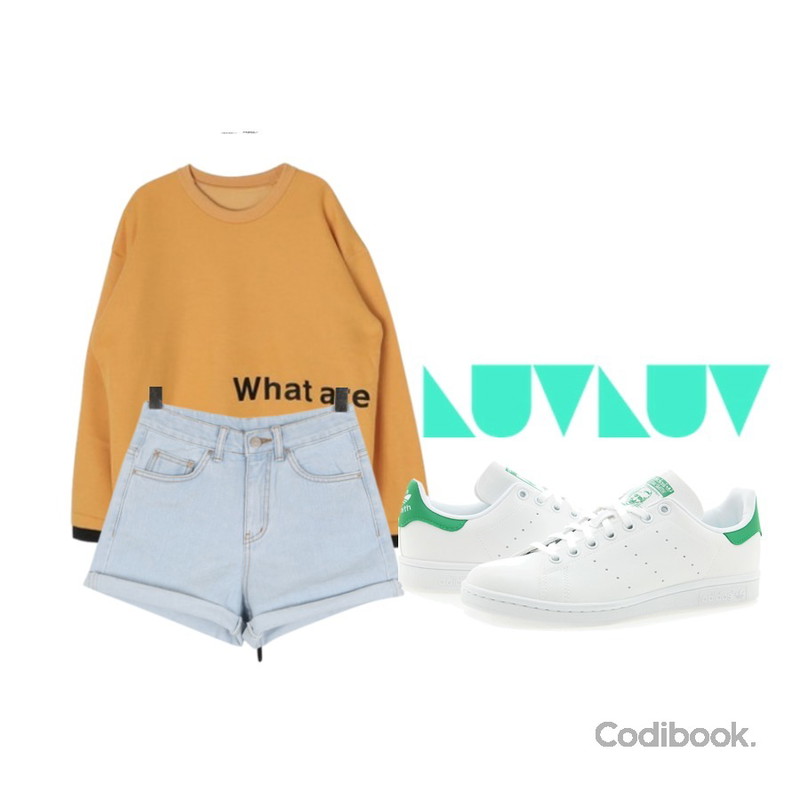 BULLANG GIRL 올림3부데님P,Player 아디다스 스탠 스미스 J 화이트 그린 (ADIDAS STAN SMITH J),DORA 왓프린팅MTM등을 매치한 코디