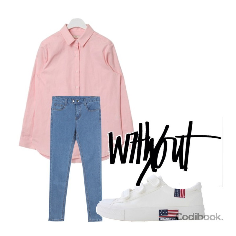 LOVELY SHOES 로테루 벨크로 통굽 스니커즈 (1.5cm),AIN FRESH A basic shirts (6 colors),BANHALA 브로드웨이 팬츠등을 매치한 코디