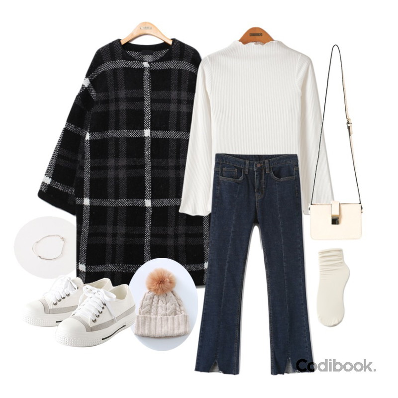 Reine Classic Check Knit Coat,Reine 뫼비우스 브레이 슬릿,Reine 칼리아 하이넥 티셔츠등을 매치한 코디