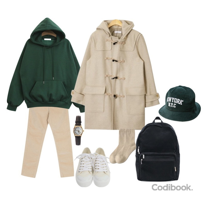 TODAY ME 라디 후드티,BULLANG GIRL 도톰골덴일자라인P,AIN casual wool hoody duffle coat (2 colors)등을 매치한 코디