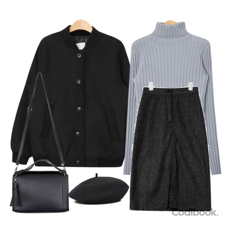 AIN casual wool flight jumper (2 colors),AIN golgi sleeve slit knit (6 colors),AIN front slit check banding skirt (2 colors)등을 매치한 코디