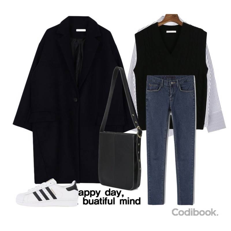 Untitled,biznshoe Long cuffs stripe shirt,daily monday Twist v-neck knit vest등을 매치한 코디