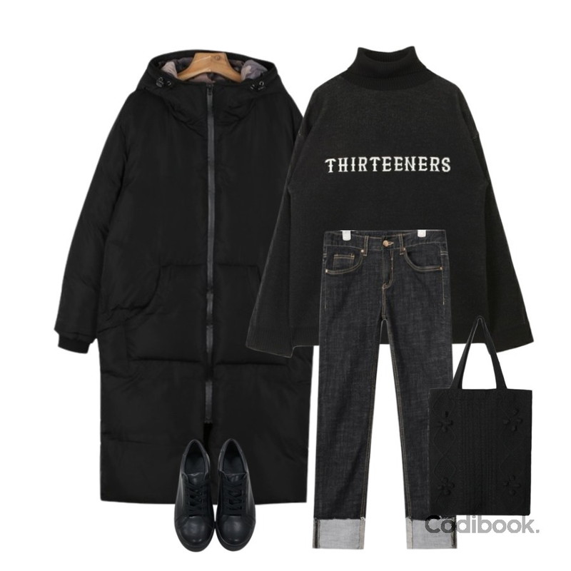 daily monday Zipper hood padding,MIXXMIX High Neck Point Knit,AIN deep color slim denim pants (2 colors)등을 매치한 코디