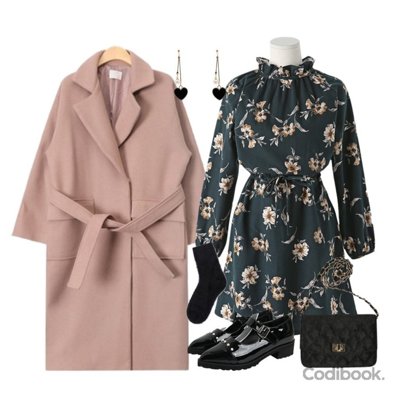 MINIBBONG 파티 벨벳 체인백,Reine 아프로 셔링 플라워 원피스,AIN out pocket strap double coat (3 colors)등을 매치한 코디