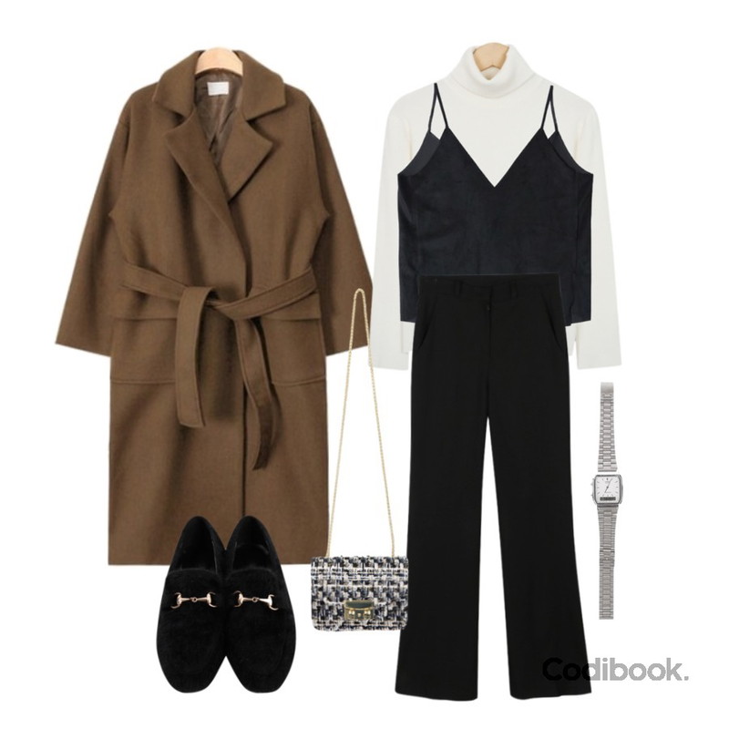 DORA 초이스뷔스티에,From Beginning And woolen turtle knit_Y (size : free),AIN out pocket strap double coat (3 colors)등을 매치한 코디